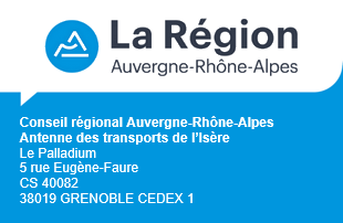 Logo et adresse de l'antenne des transports de l'Isère de la Région Auvergne-Rhône-Alpes. Adresse postale : Le Palladium, 5 rue Eugène-Faure, CS 40082, 38019 GRENOBLE CEDEX 1.  Cliquez pour accéder au site Internet de la Région Auvergne-Rhône-Alpes.